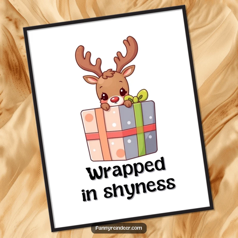 Funny digital art print of a shy reindeer cautiously peeking from behind a large, colorful holiday present, full of mystery.
