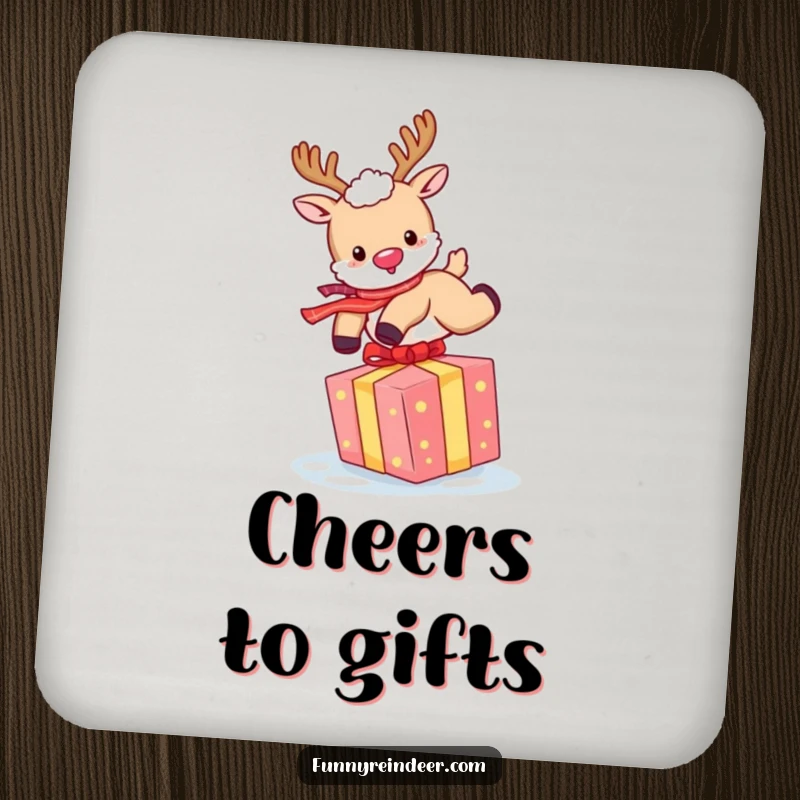 Funny Reindeer Coaster: A reindeer joyfully leaps over a bright gift, protecting surfaces with holiday cheer.