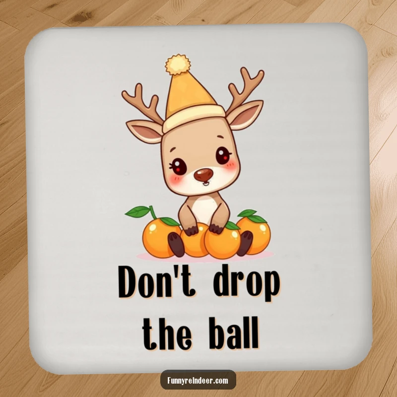 Funny reindeer wearing a silly hat, balancing oranges, on a decorative drink coaster. Humorous table protection.