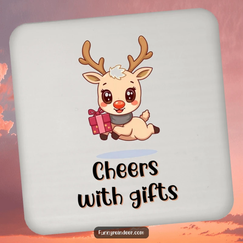 Funny drink coaster showcasing a cute kawaii reindeer with large, happy eyes, leaping with a holiday gift bundle, adding festive charm.