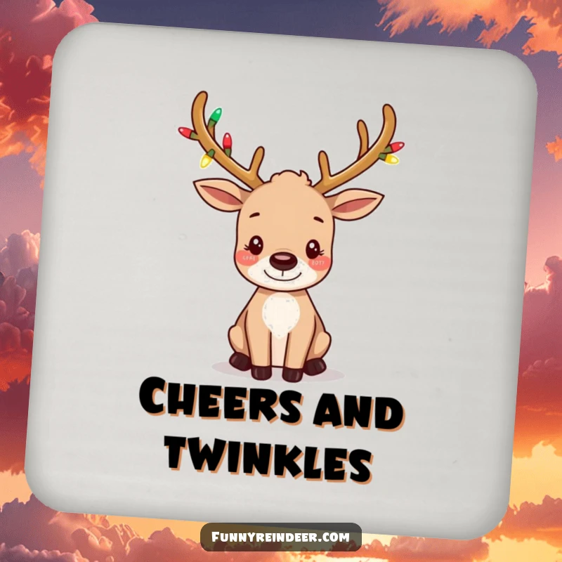 Funny drink coaster showcasing a cute reindeer with tiny, festive light-wrapped antlers and playfully wiggling ears.