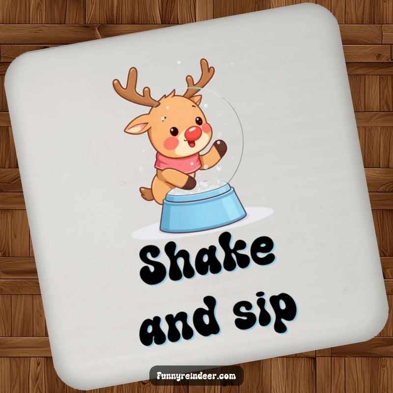 Funny drink coaster showcasing a cute kawaii reindeer excitedly shaking a snow globe, with snow falling around.