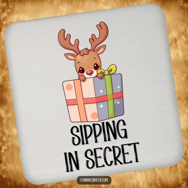 Funny drink coaster showcasing a shy reindeer peeking from behind a large, colorful holiday present, adding cute mystery.