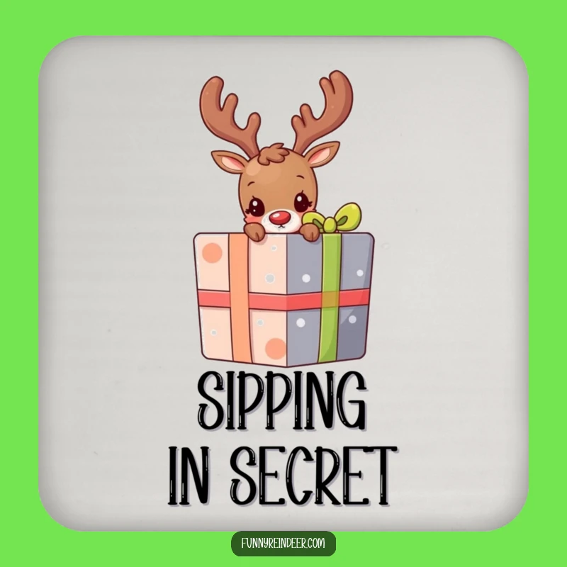 Funny Shy Reindeer Present Peek Coaster: Festive Surface Protection