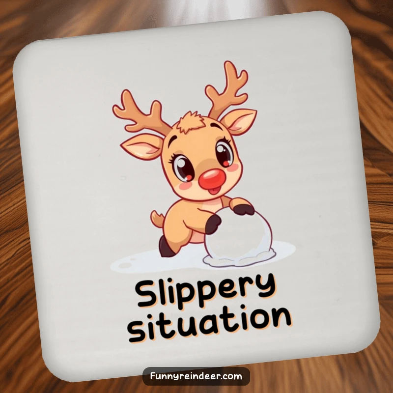Funny Reindeer Coaster: A kawaii reindeer trips over a snowball, protecting surfaces with adorable humor.