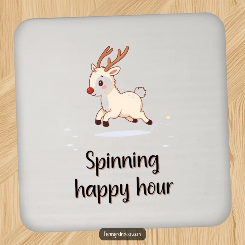 Funny drink coaster showing a fluffy reindeer playfully chasing its twinkling tail in a snowy field, protecting surfaces with winter humor.