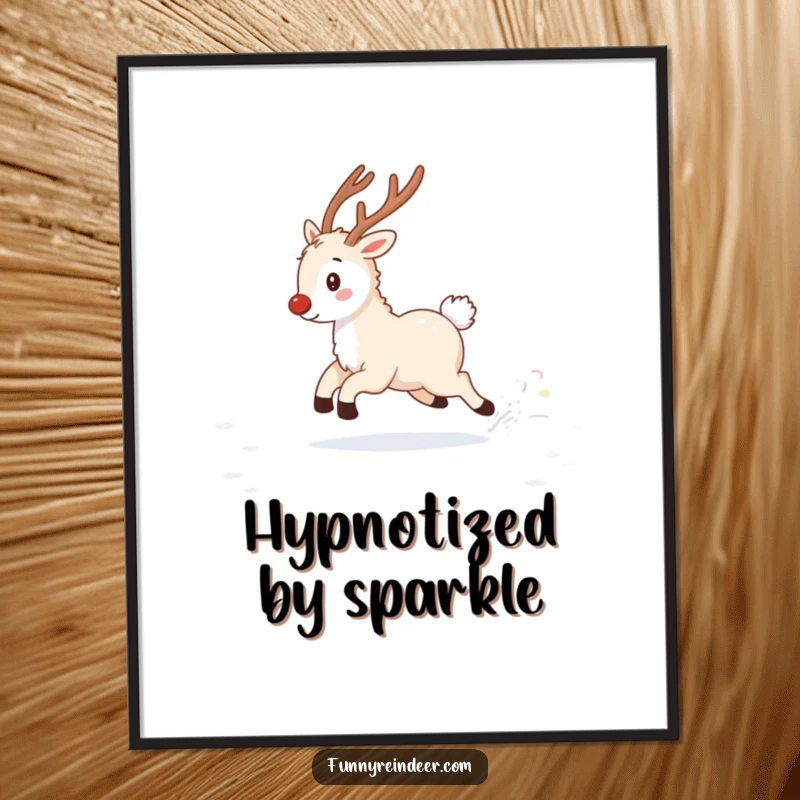 Funny holiday poster of a fluffy reindeer playfully chasing its twinkling tail across a snowy winter landscape, evoking pure delight.