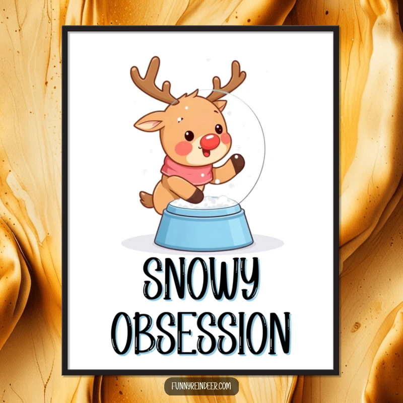 Funny poster print of a cute kawaii reindeer excitedly shaking a snow globe, with snow gently falling all around.