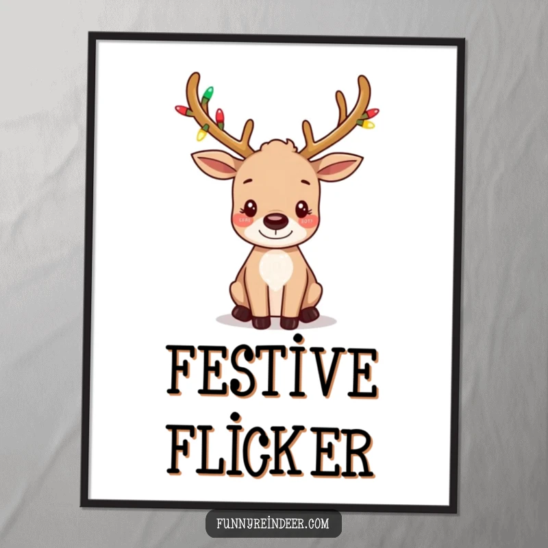 Funny poster print of a cute reindeer with tiny antlers adorned with glowing festive lights and its ears playfully wiggling.