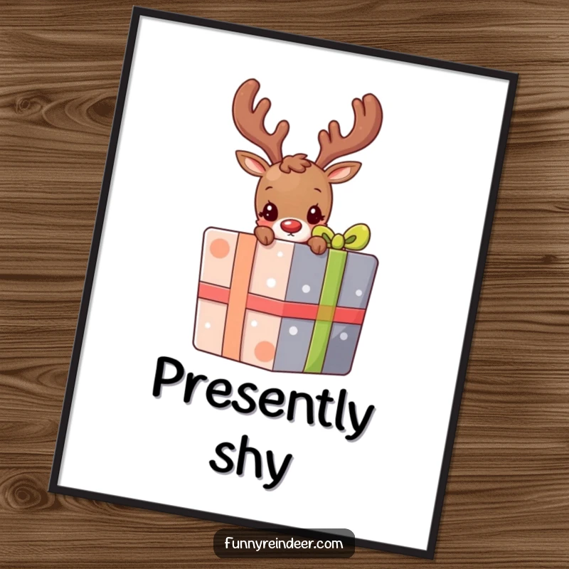 Funny poster print of a shy reindeer cautiously peeking from behind a large, brightly colored holiday present, evoking curiosity.