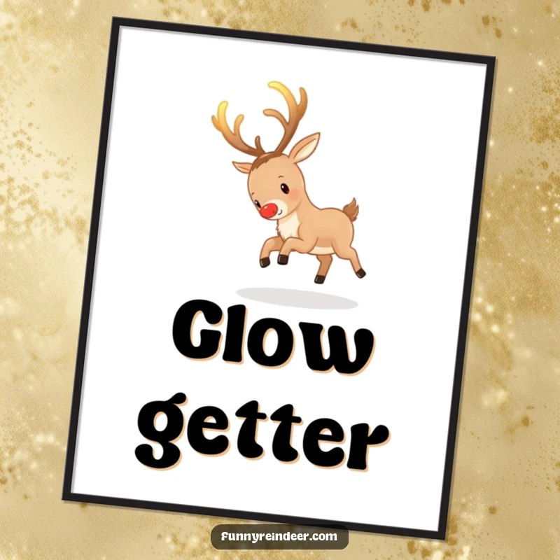 Funny Reindeer Poster: A reindeer playfully chases its own glowing antlers, embodying whimsical fun.
