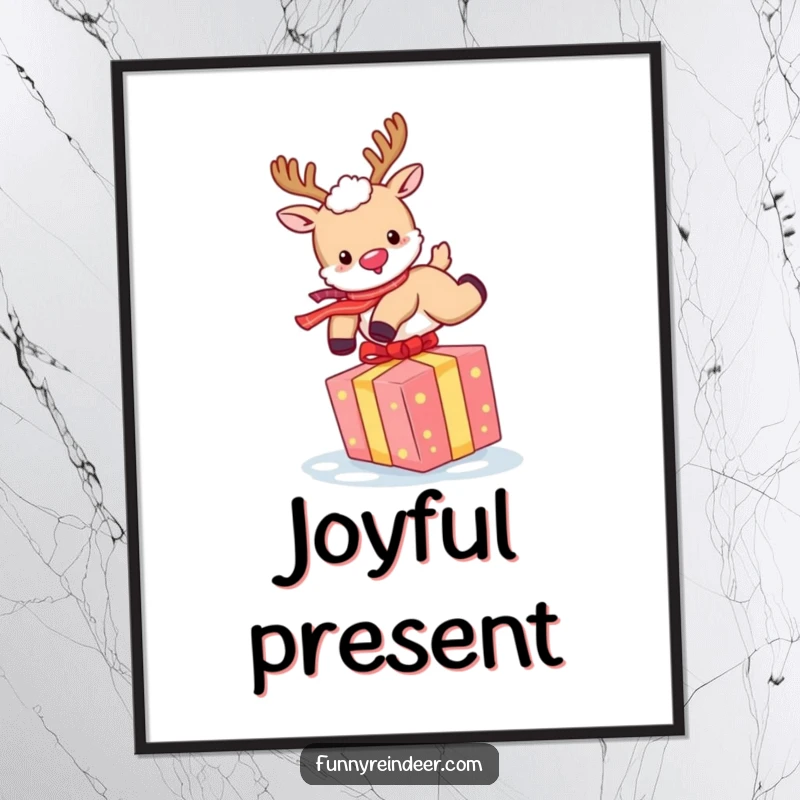 Funny Reindeer Poster: A fluffy reindeer joyfully leaps over a brightly colored gift, celebrating the holidays.