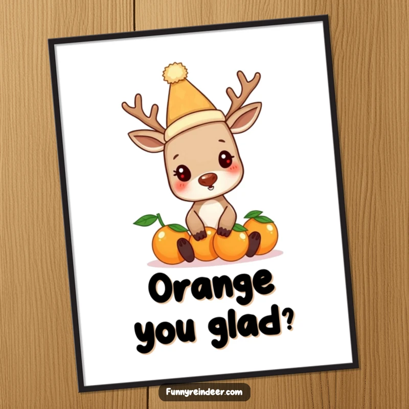 Funny reindeer in a silly hat, precariously balancing oranges, depicted on a humorous wall poster. Festive holiday art.