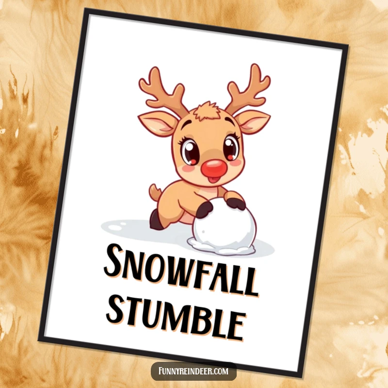 Funny Reindeer Poster: A kawaii reindeer with wide eyes trips over a snowball, depicting endearing clumsiness.