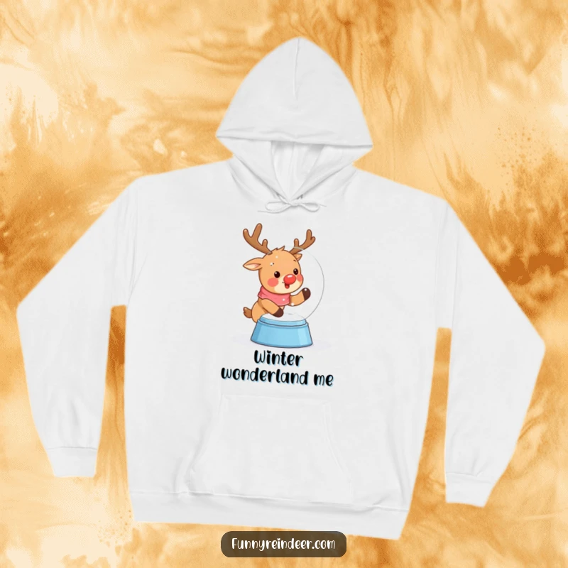 Funny hoodie adorned with a charming kawaii reindeer excitedly shaking a snow globe, surrounded by a delightful cascade of snowflakes.