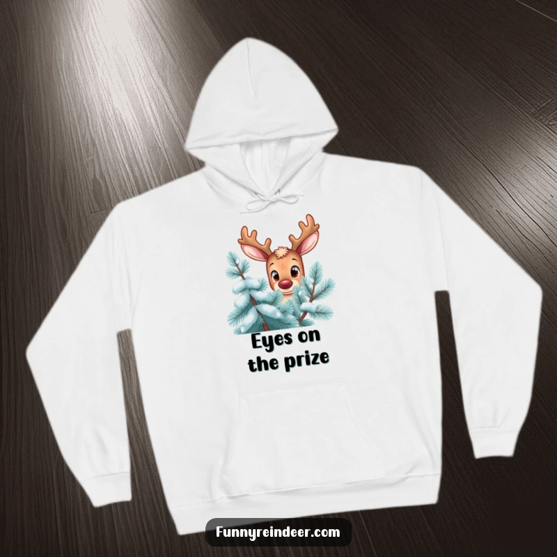 Funny reindeer hoodie, curious expression, oversized eyes, peering from behind a frosty pine tree, soft and humorous winter wear.