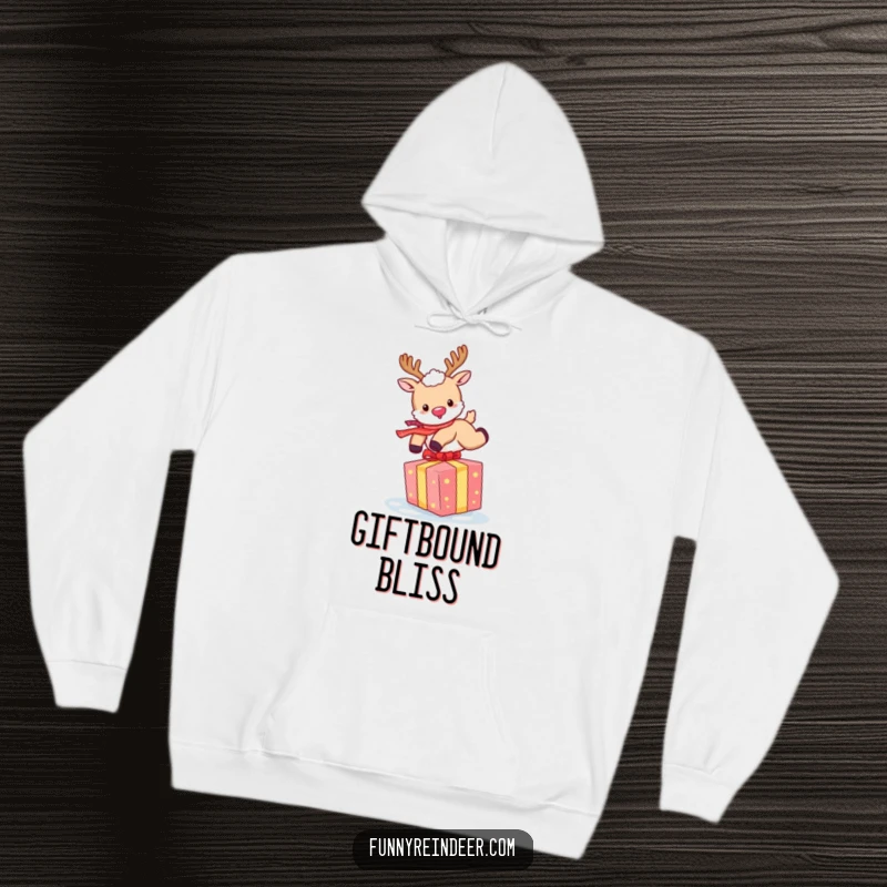 Funny Reindeer Hoodie: A happy reindeer joyfully leaps over a bright gift, offering warmth and holiday joy.