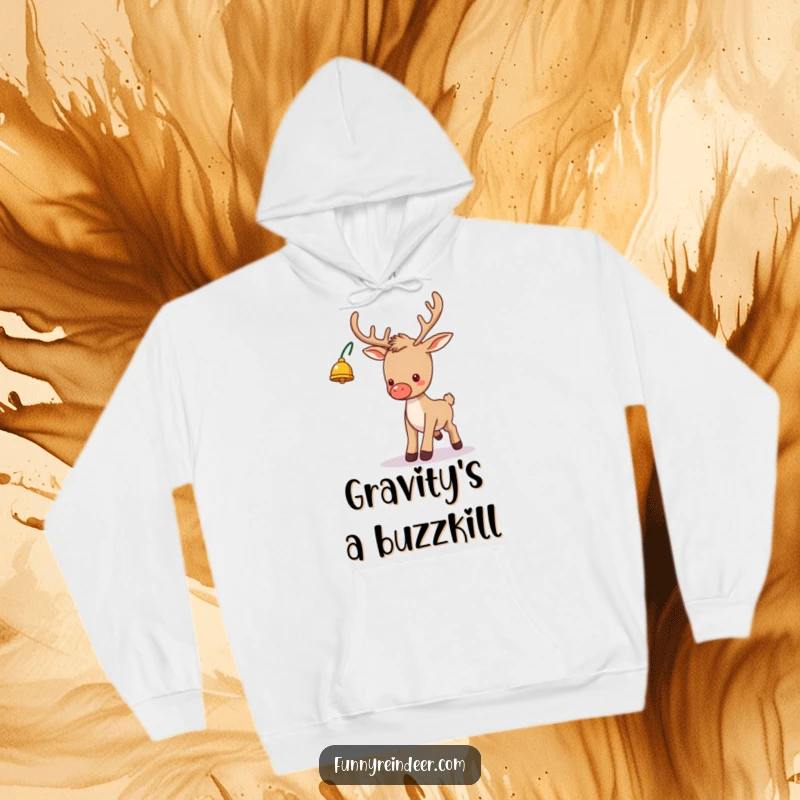 Funny hoodie graphic of a silly reindeer with a bell on its antler, comically tripping while trying to navigate a snowy Christmas scene.