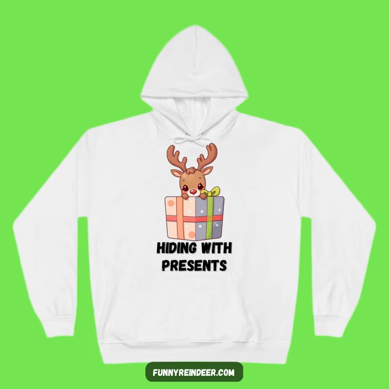 Cozy Funny Shy Reindeer Present Peek Hoodie: Warm & Mysterious Holiday Comfort