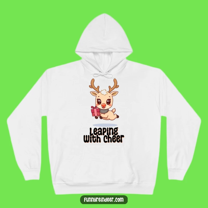 Cozy Funny Kawaii Reindeer Gift Leap Hoodie: Warm & Cheerful Holiday Comfort