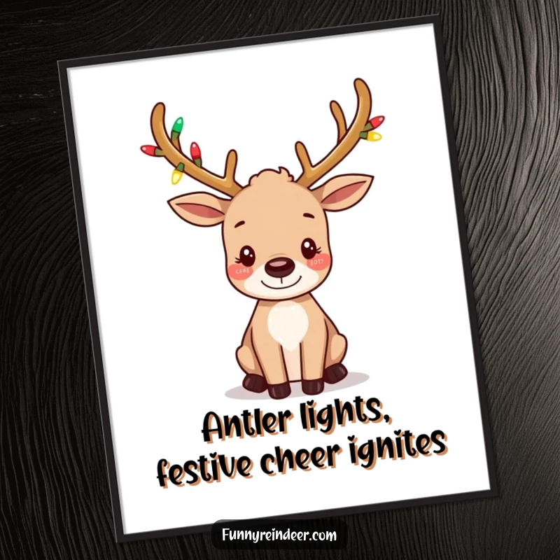 Free Printable Wall Art: A reindeer with tiny antlers lit by festive lights playfully wiggles its ears, adding charm.