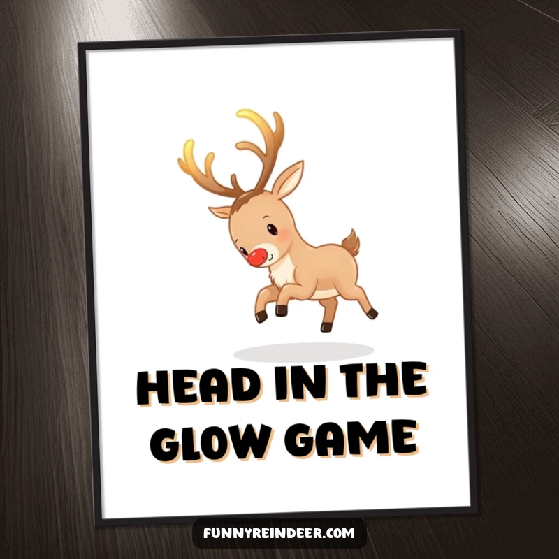 Funny Free Printable Wall Art: Reindeer playfully chasing after its own brightly glowing antlers