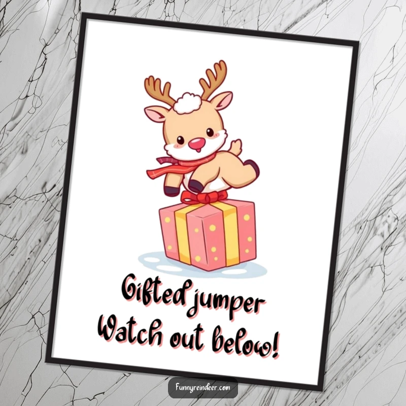 Funny Free Printable Wall Art: Fluffy reindeer in mid-air, joyfully leaping over a gift