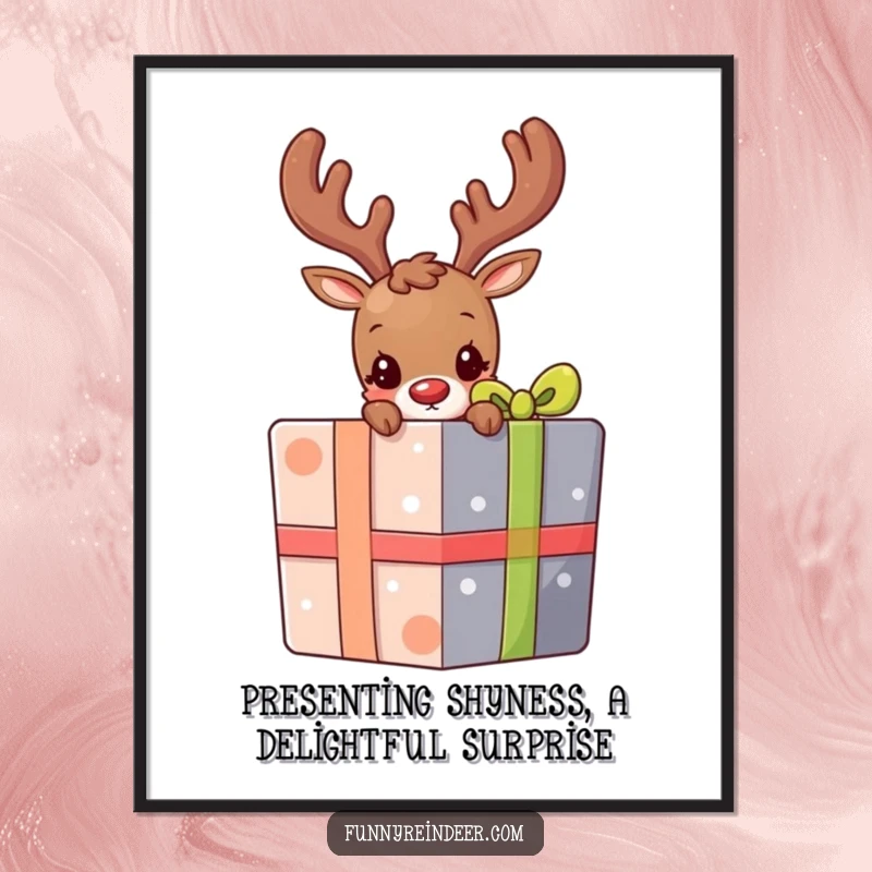 Free Printable Wall Art: A shy reindeer peeks from behind a large, colorful gift, creating a heartwarming scene.