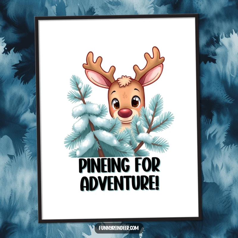 Funny Free Printable Wall Art: A reindeer with huge, curious eyes peeking from behind a snow-covered pine tree.