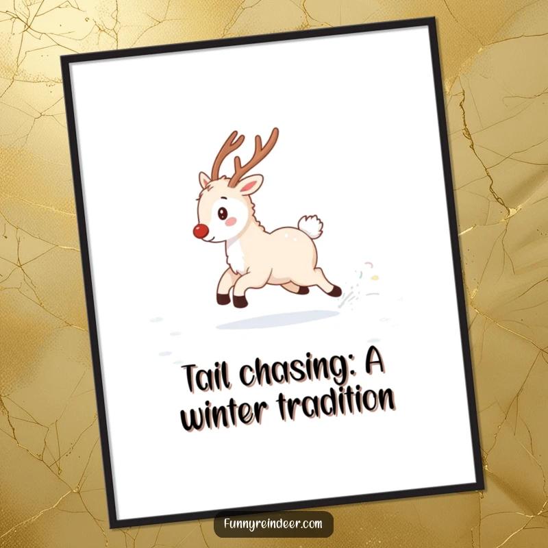 Funny free printable wall art: A fluffy reindeer with a twinkling tail spins joyfully in a snowy field, bringing whimsical fun.