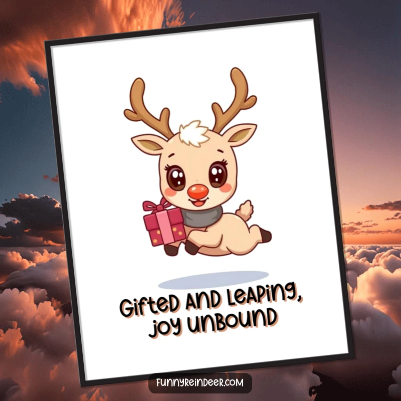 Free Printable Wall Art: A kawaii reindeer with massive cheerful eyes leaps, holding a gift bundle, ready to adorn your wall.