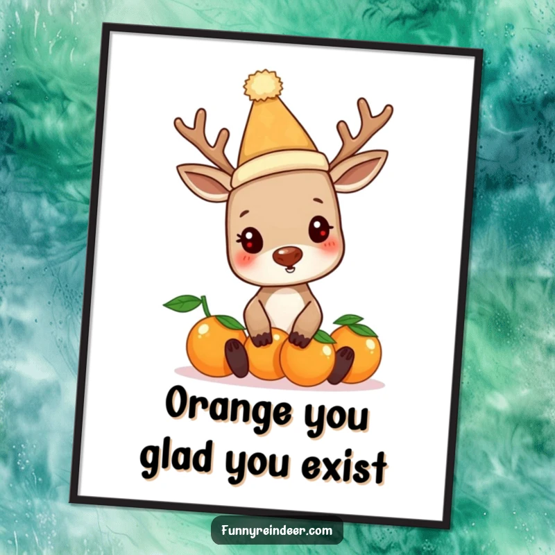 Funny Free Printable Wall Art: A reindeer in a silly hat struggles to balance a tower of oranges, a comical circus act.