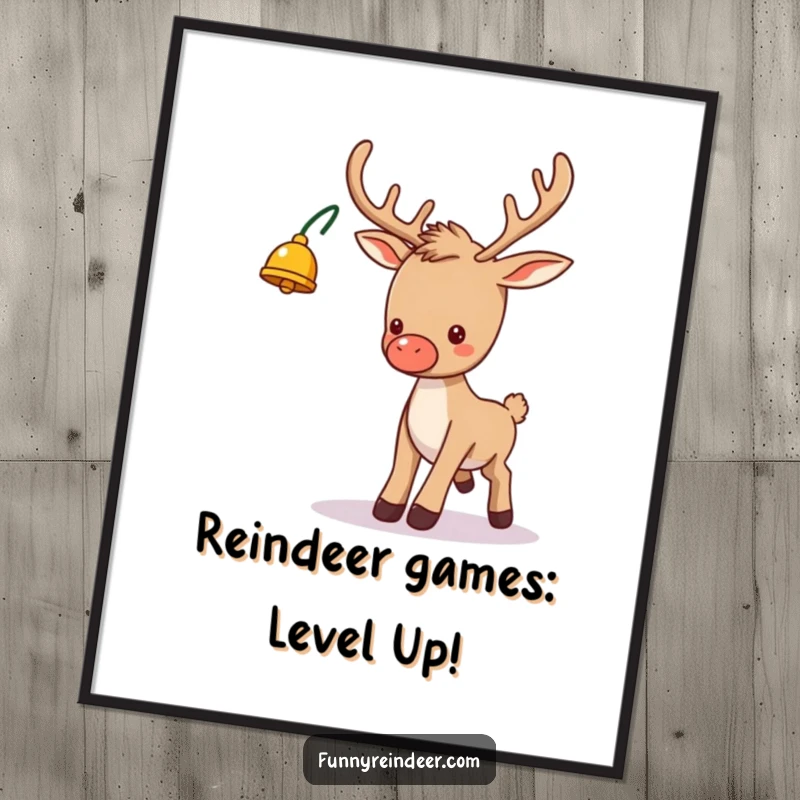 Funny free printable wall art: A silly reindeer with a bell-decorated antler hilariously stumbles, bringing festive charm to any room.