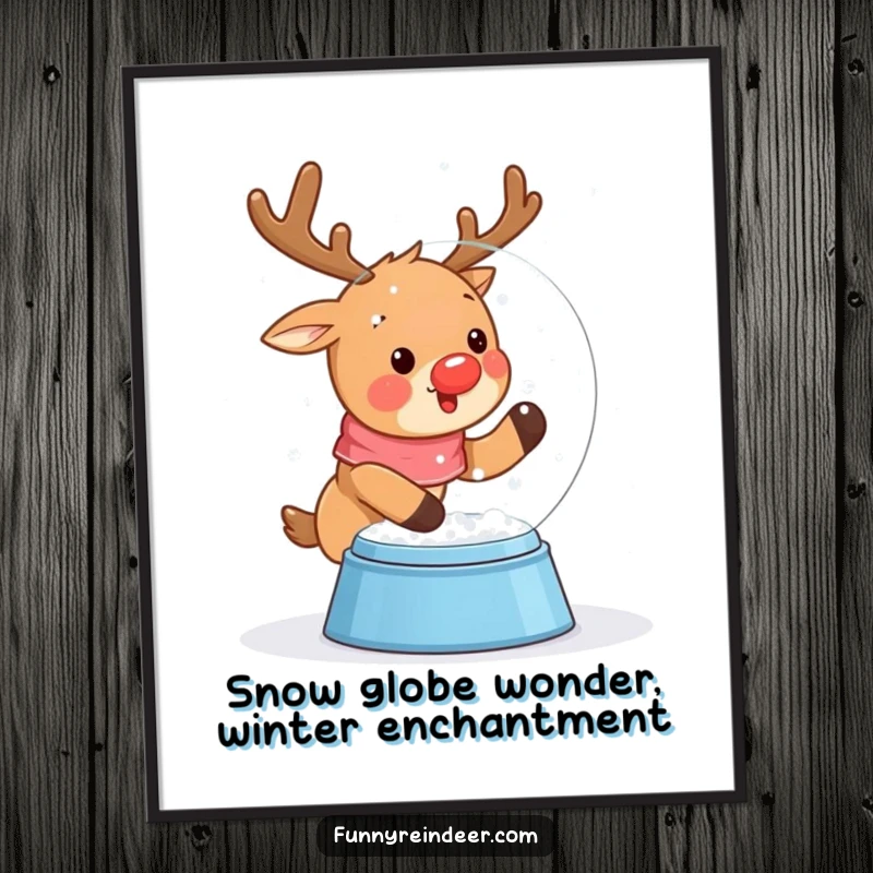 Free Printable Wall Art: A kawaii reindeer excitedly shakes a snow globe, creating a magical snowfall effect.