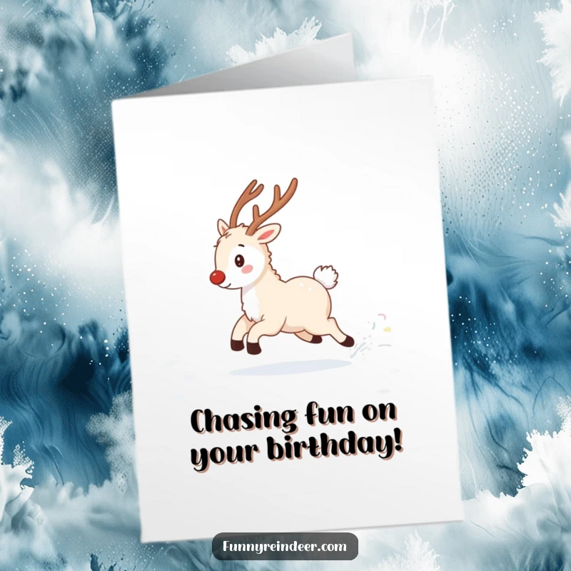 Funny free printable birthday card: A fluffy reindeer with a twinkling tail joyfully spins in circles trying to catch it.