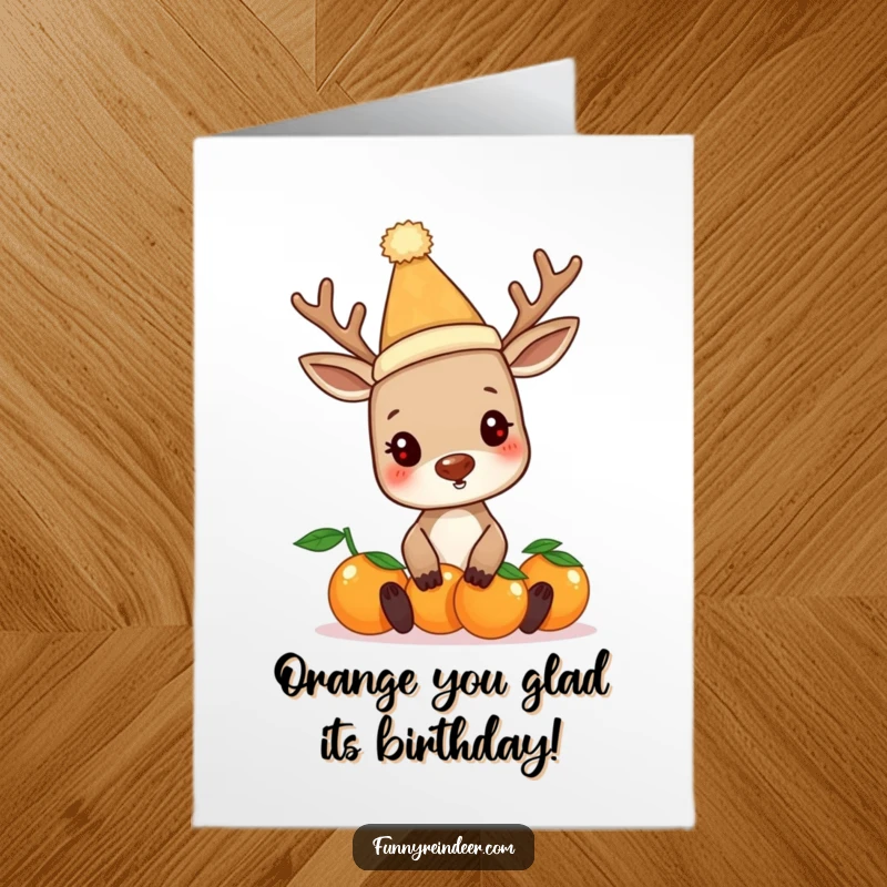 Funny Free Printable Reindeer Birthday Card: Silly hat reindeer hilariously juggles oranges, ready to deliver birthday cheer with a download.