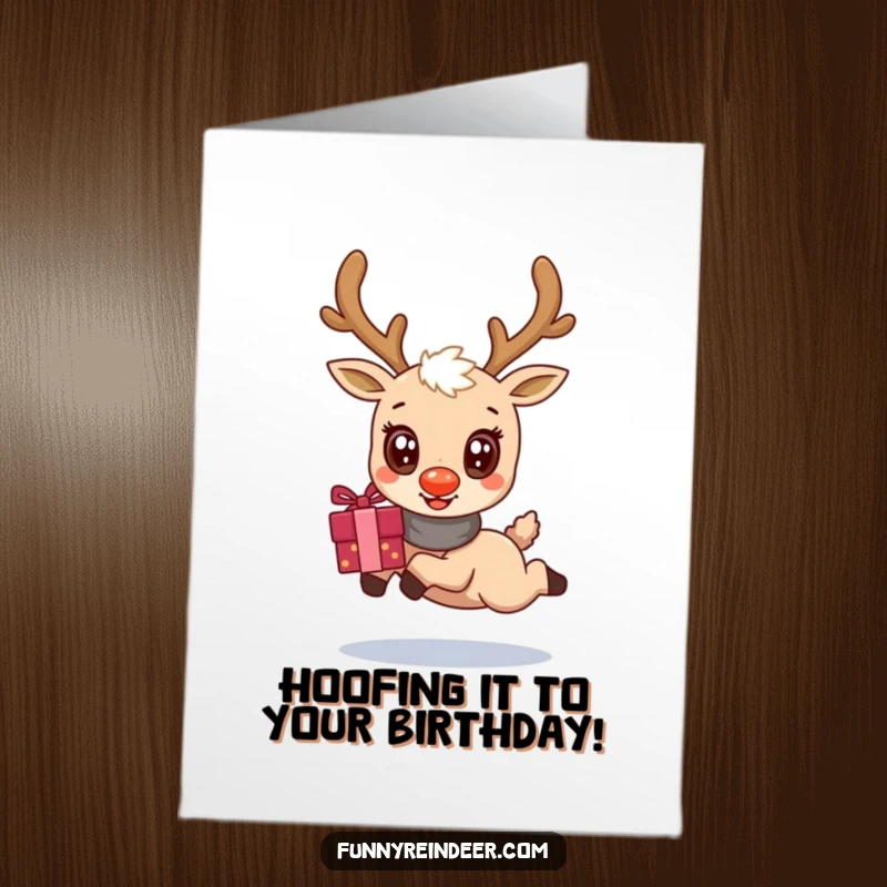 Free Printable Birthday Card: A kawaii reindeer with huge eyes jumps joyfully, holding a gift bundle.