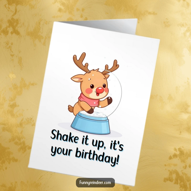 Free Printable Birthday Card: A kawaii reindeer excitedly shakes a snow globe, sending snowy birthday wishes.