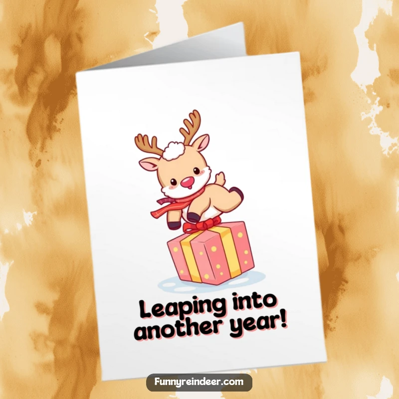Funny Free Printable Birthday Card: Fluffy reindeer happily leaping over a colorful gift box