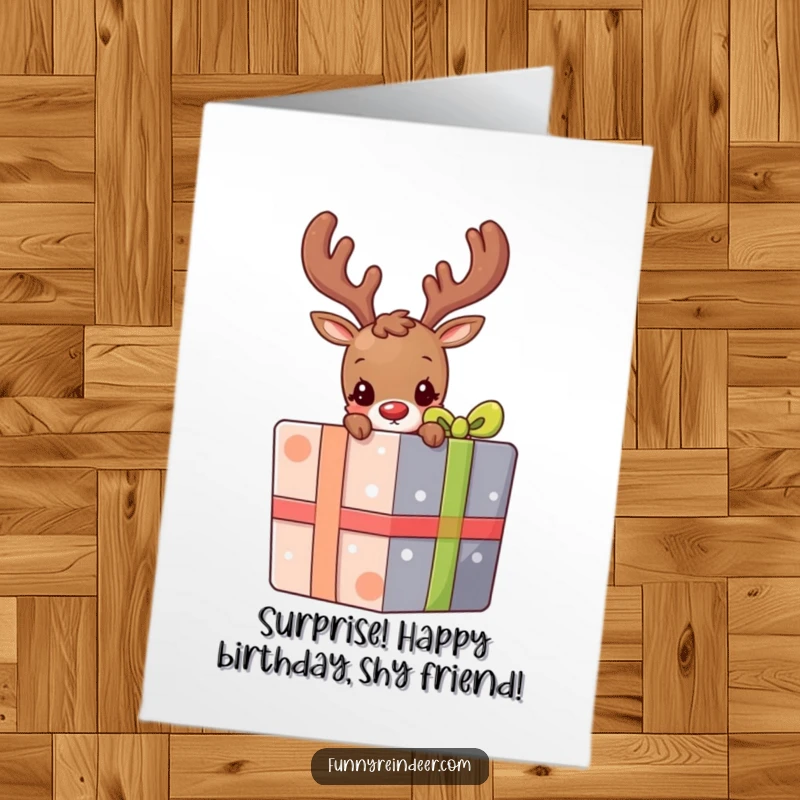 Free Printable Birthday Card: A shy reindeer peeks from behind a big, colorful present, ready to wish happy birthday.