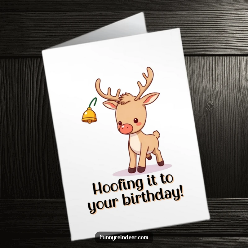 Funny free printable birthday card: Silly one-antlered reindeer with a bell tripping playfully, ready to deliver birthday wishes.