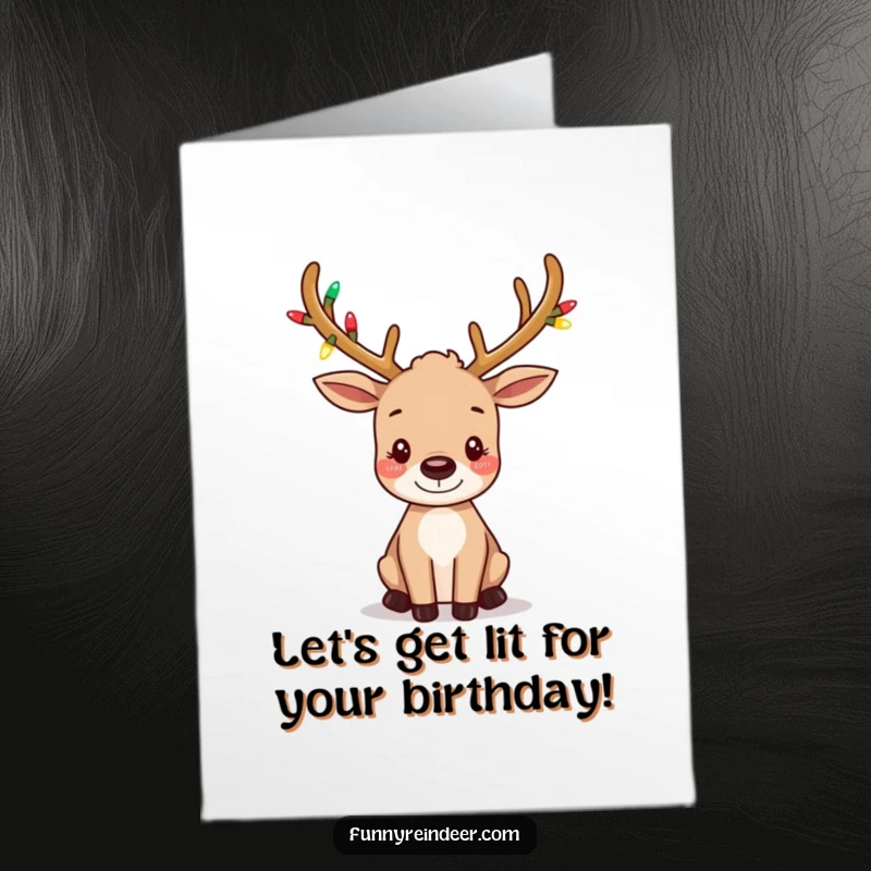 Free Printable Birthday Card: A reindeer with tiny, light-up antlers wiggles its ears playfully for a happy birthday.