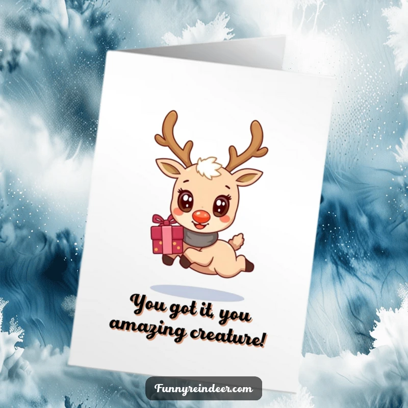 Free Printable Congratulations Card: A kawaii reindeer with big eyes leaps excitedly, clutching a bundle of gifts.