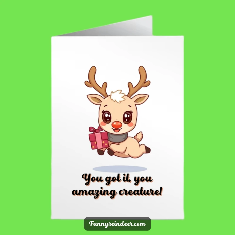 Free Printable Kawaii Reindeer Congrats Card - Leaping for Joy with Gifts