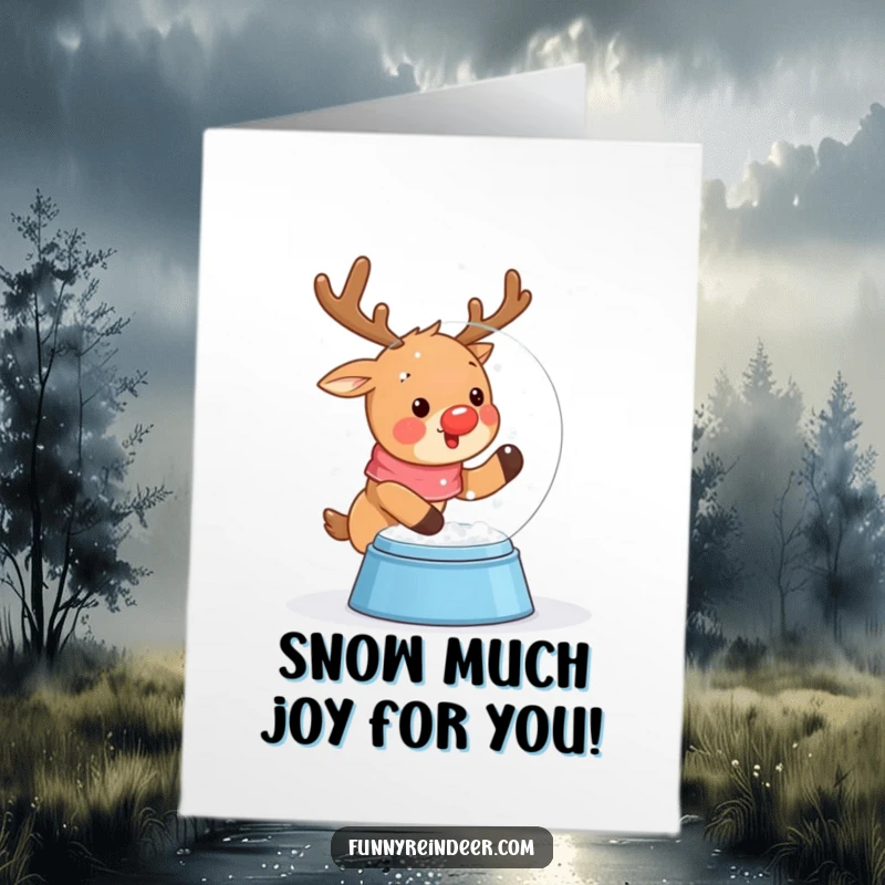 Free Printable Congratulations Card: A kawaii reindeer shakes a snow globe, showering congratulations with snow.