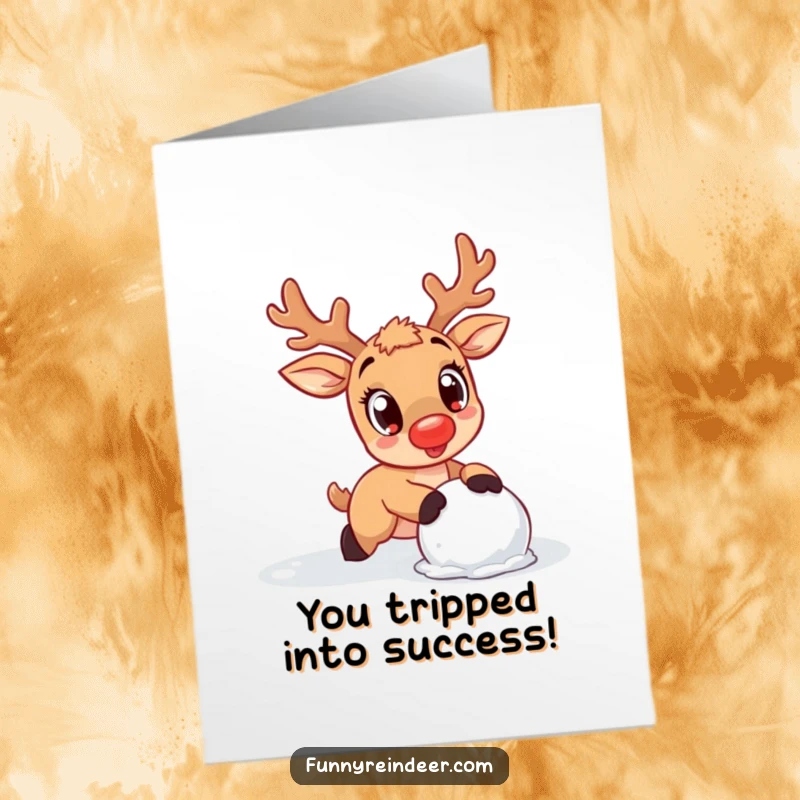 Funny Free Printable Congratulations Card: Kawaii reindeer with surprised eyes falling over a snowball