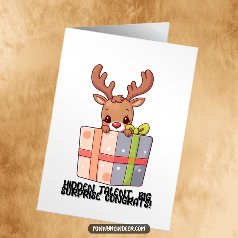 Free Printable Congratulations Card: A shy reindeer peeks from behind a large present, celebrating your success.