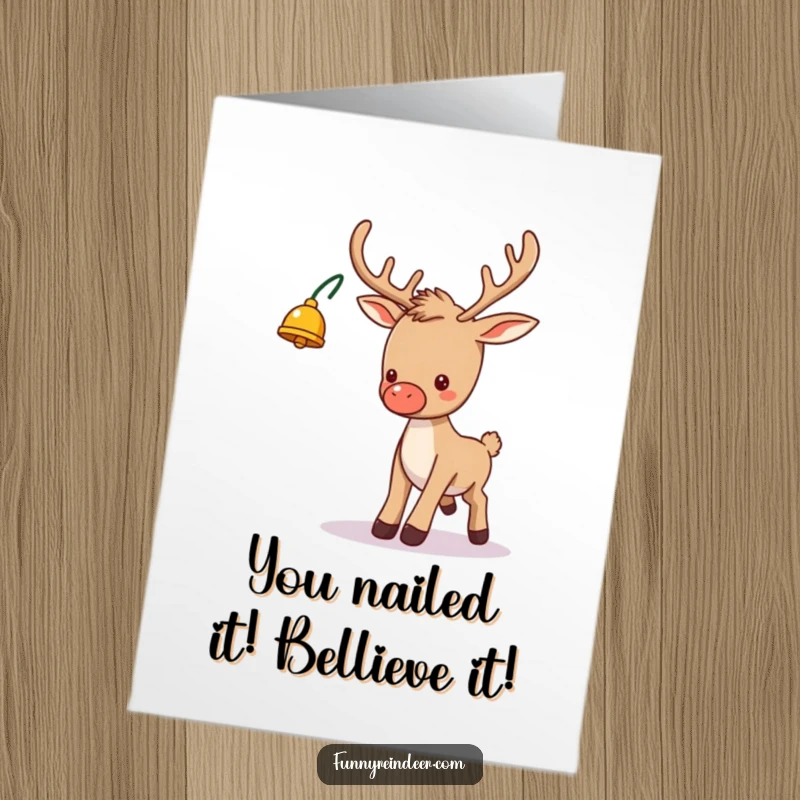 Funny free printable congratulations card: Adorable tripping reindeer with a bell, perfect for celebrating any special milestone.