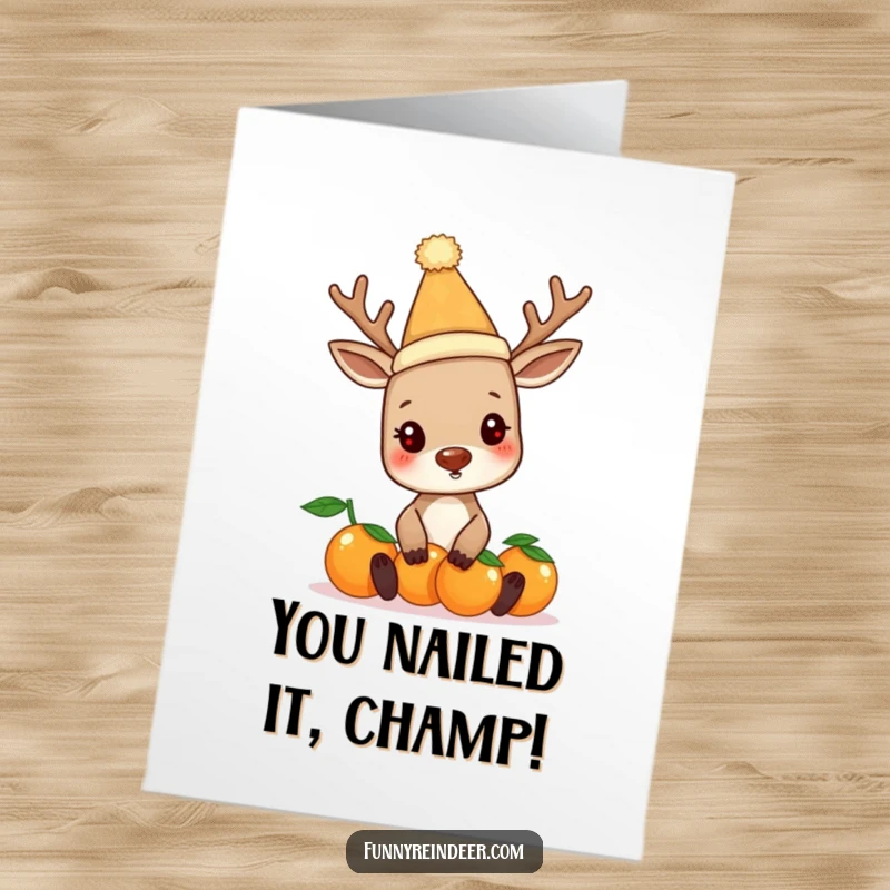 Funny Free Printable Congratulations Card: Reindeer in a silly hat triumphantly balances many oranges, celebrating your success.