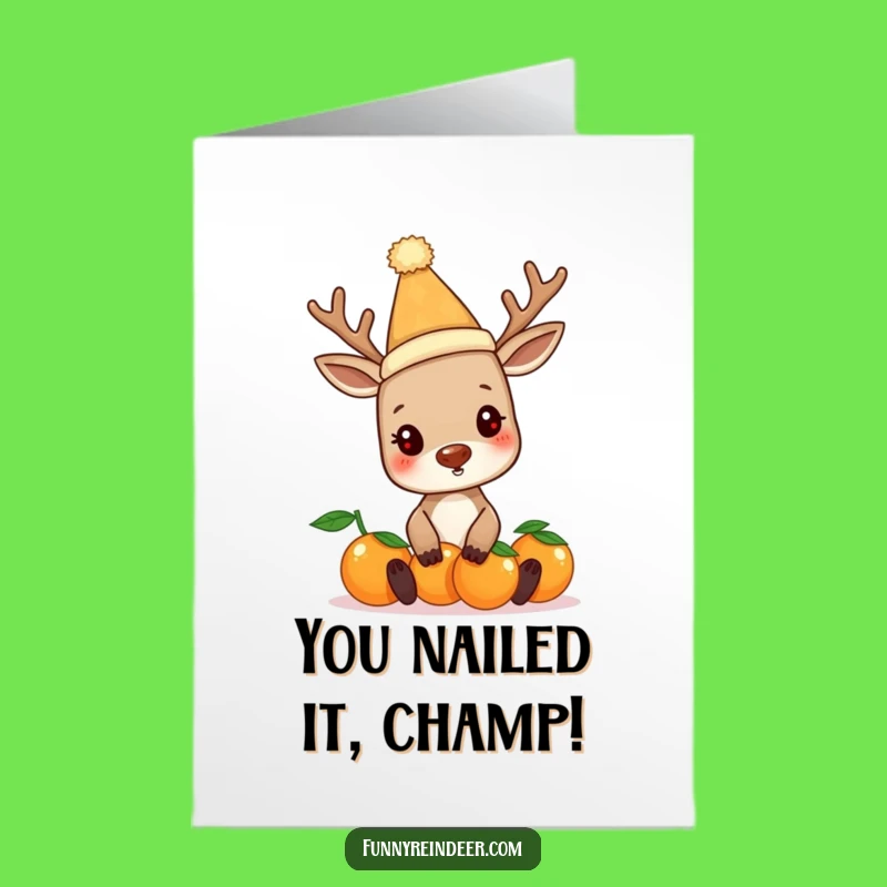Free Printable Funny Reindeer Congrats Card: Orange Balancing Success Downloadable Gift